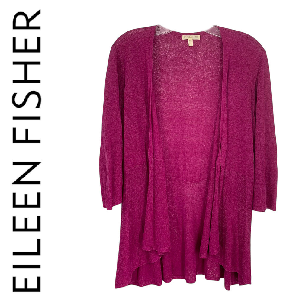 Eileen Fisher Sz PL Linen Silk Purple Cardigan Sweater Minimal Capsule Wardrobe